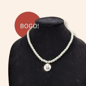 Pearl Necklace Faux Pearl Beads Initial H Pendant Silver White